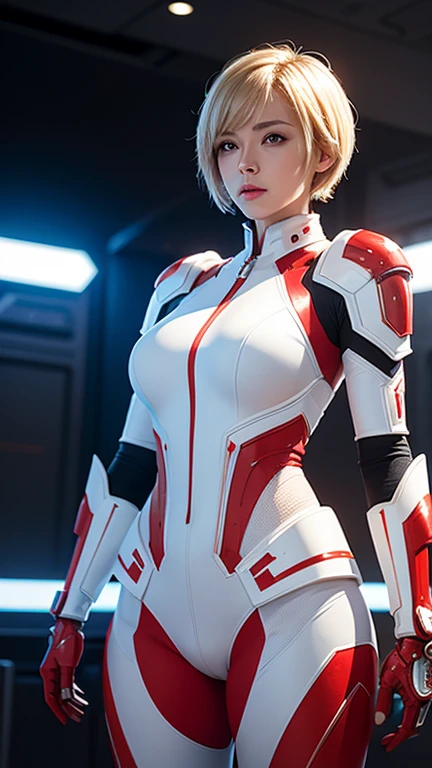 A woman stands confidently in the center of a futuristic setting, wearing a white and red form-fitting, armored bodysuit with intricate details. short blonde hair and she poses with one hand on her hip. The background features a high-tech environment with illuminated panels and mechanical structures, creating a sci-fi atmosphere.