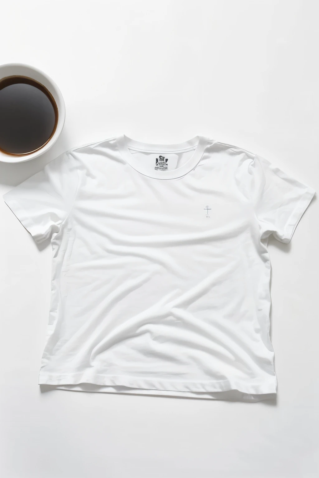Generate an 8K quality image of a single white T-shirt laid flat on a white table. The T-shirt should be clearly visible and centered on the table, with no other objects in the image. Ensure the white background blends seamlessly with the table for a clean, minimalist look."