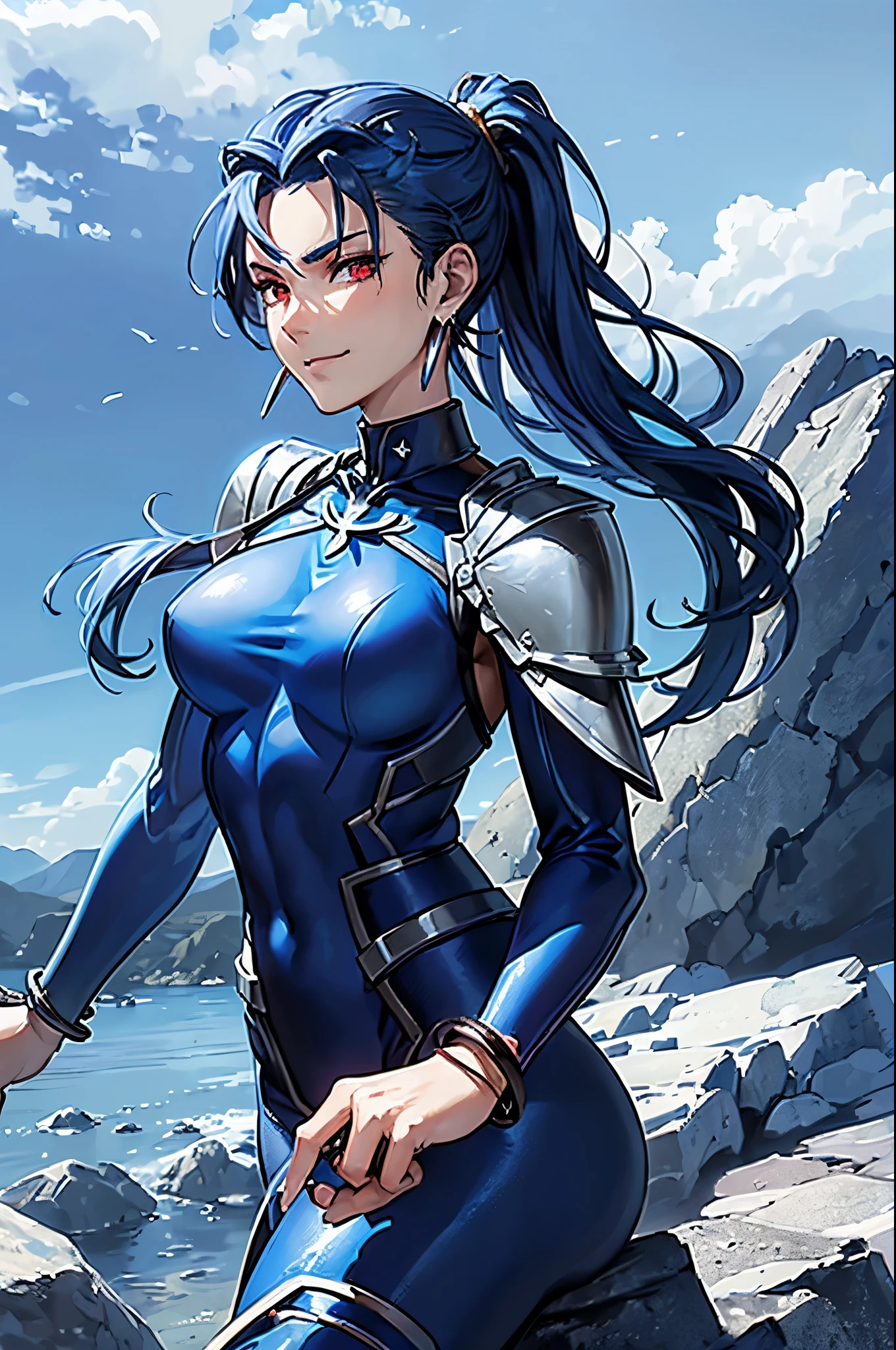 (masterpiece, best quality:1.2), expressive eyes, perfect face, highres, 1girl, solo, (female:1.5), cu chulainn - lancer (fate), blue hair, long hair, spiked hair, low ponytail, red eyes, (blue bodysuit:1.5), bracelet, earrings, jewelry, necklace, shoulder armor, landscape, smirk, standing, portrait, looking at the viewer