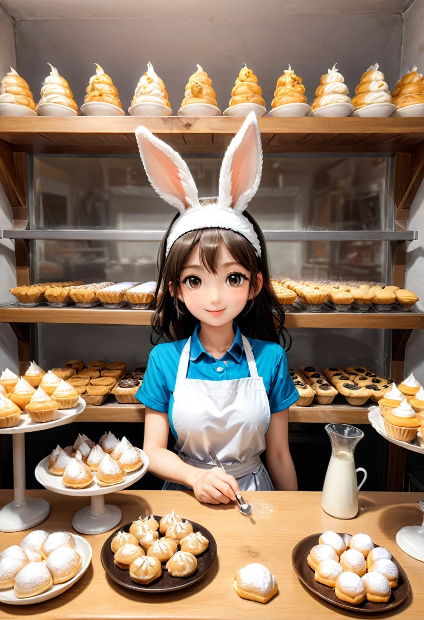 In the cozy little bakery, the rabbit eared girl is focused on making delicious pastries. Her ears occasionally touch with a little flour, and the air is filled with a sweet aroma, (masterpiece, best quality, Professional, perfect composition, very aesthetic, absurdres, ultra-detailed, intricate details:1.3)