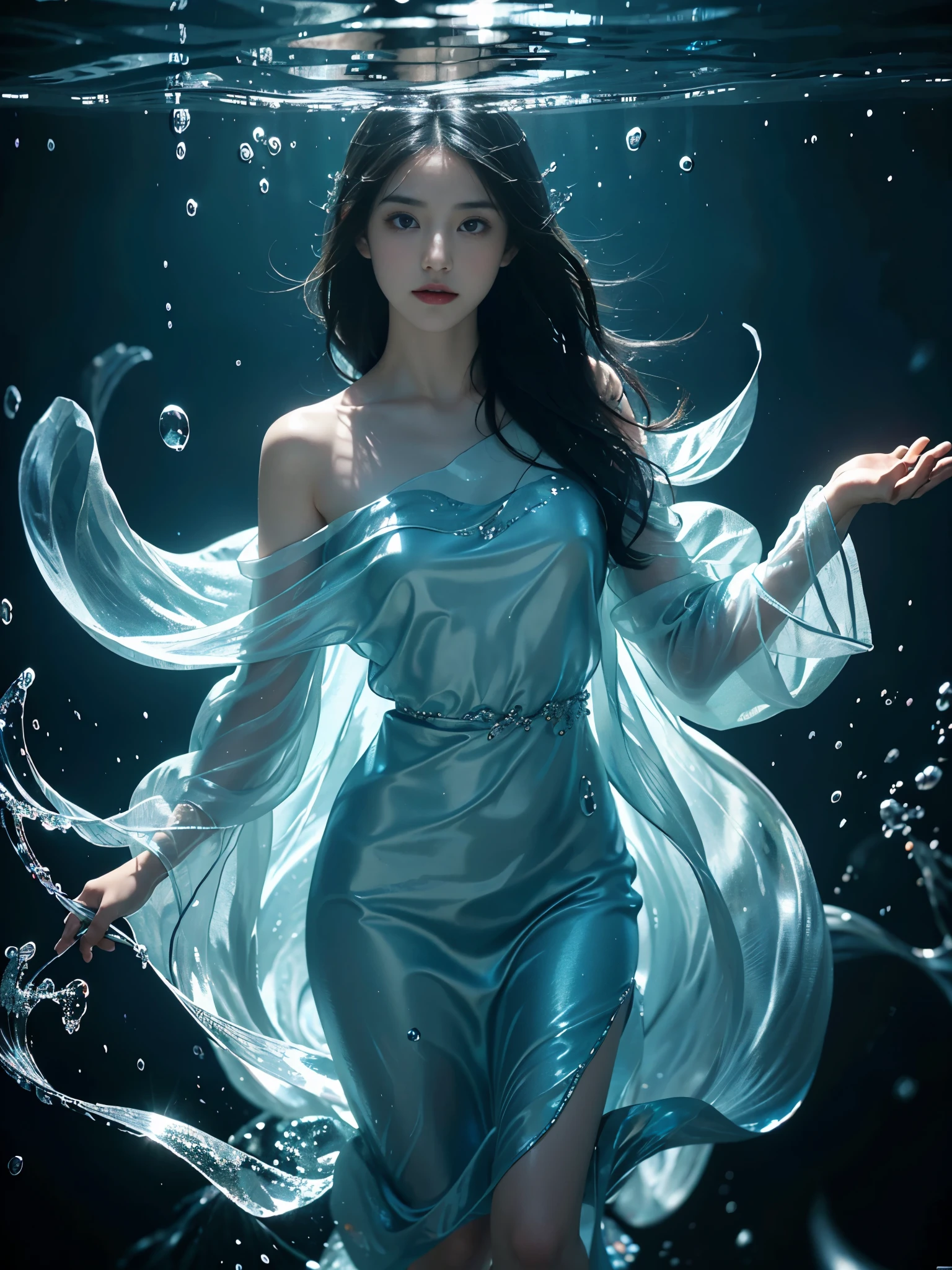 (tmasterpiece,top-quality,optimum,offcial art,Beautiful and beautiful,Long exposure:1.2),Smooth movement,Attractive pattern,one-girl,Adult women,Perfect skin,jade Eyes,Black leafy hair,sportrait,solo,The upper part of the body,Gaze at the observer,detailedbackground,Detailed face,(Crystal AI,crystalline theme:1.1),Elemental Water Elves,Swirl water,Water control,The water flows around Makoto's clothes,dynamicposes,Floating particles,Ether dynamics, Eau,steamy,Background sea,blue tint,shores,Fantastical Atmosphere,。The water is as blue as spring water。Full face。Realism in the water。Light and shadow tracking,