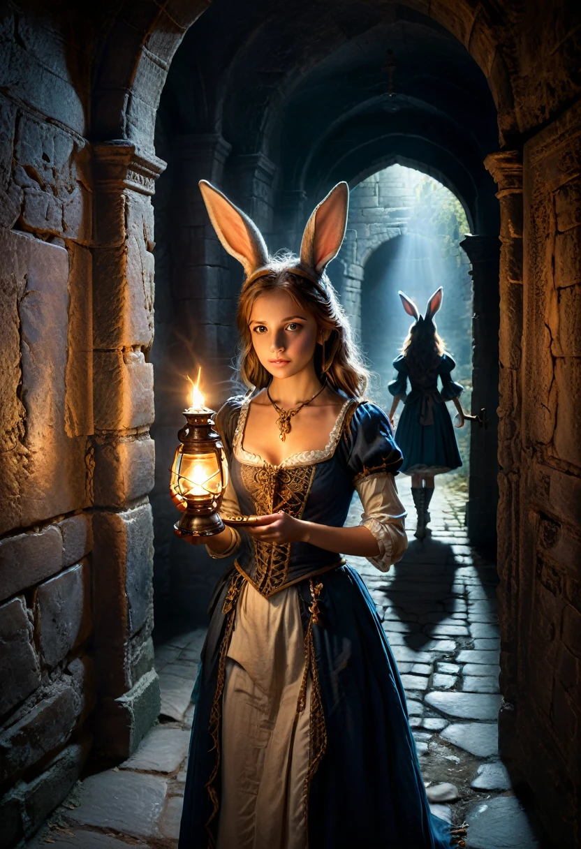 The brave rabbit eared girl, holding an oil lamp, shuttles through the dark and mysterious corridor of the castle. Her ears occasionally rotate, alert to possible adventures or dangers around her, (masterpiece, best quality, Professional, perfect composition, very aesthetic, absurdres, ultra-detailed, intricate details:1.3)