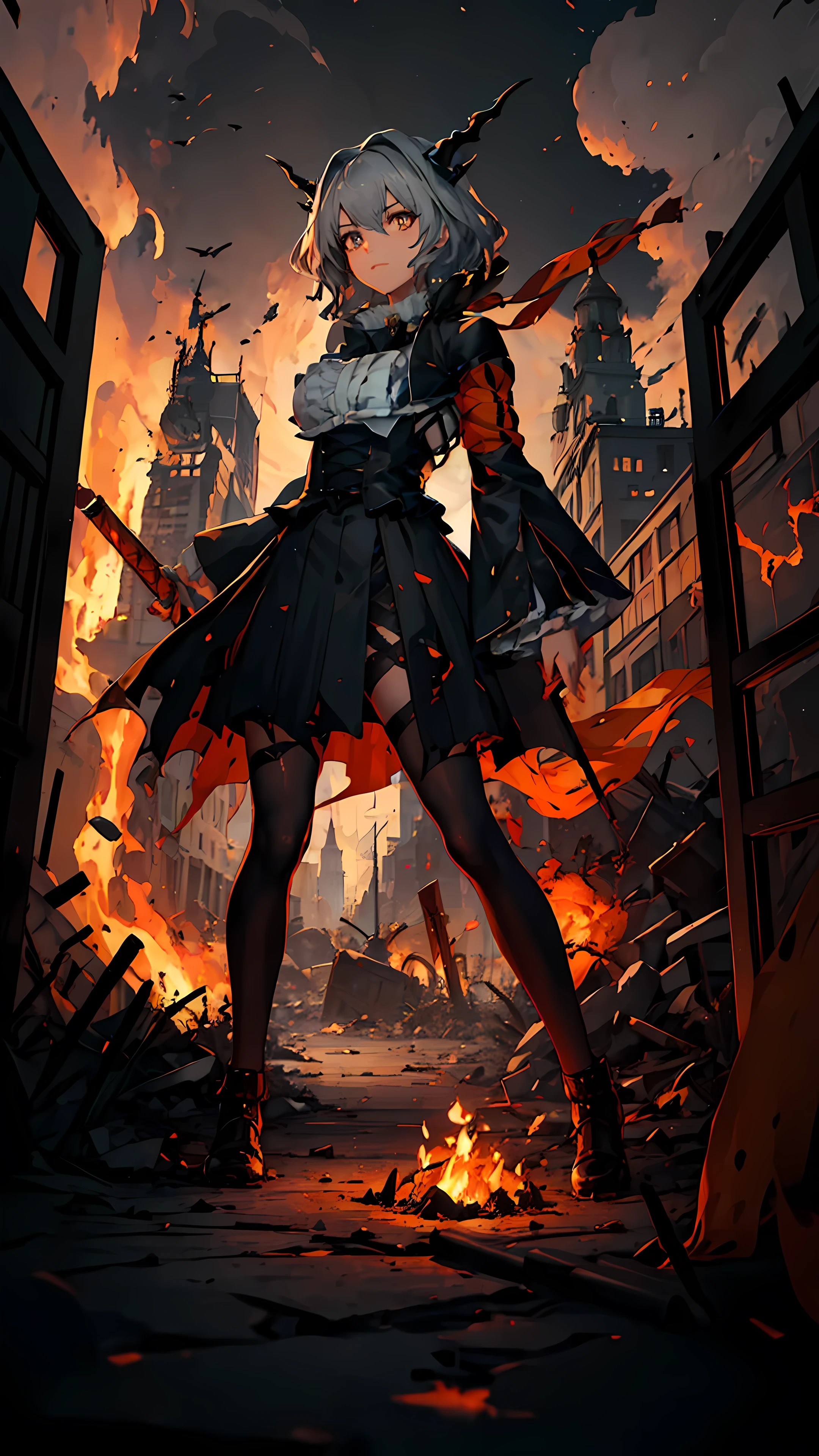 masterpiece, Beautiful art, 8K, art style by sciamano240, one girl ( Talulah_Arknights ), Fire sword, holding, fire, Everything is on fire, burn, standing position, detailed clothing, detailed fabric, Beautiful face , very detailed eyes, ruined city, Full body view,