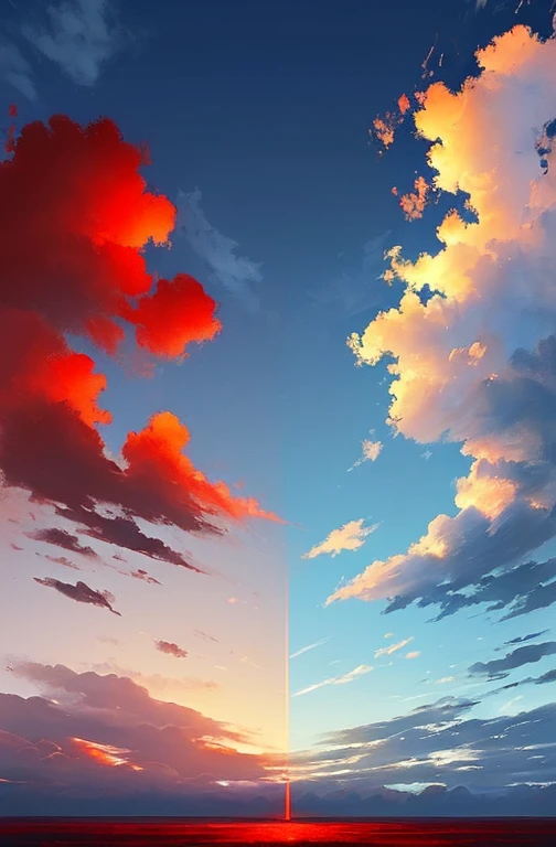 Masterpiece drawing, The clouds in the sky were divided into two and drifted to both sides, (on the left the main color is blue, on the right the main color is red), intense background, landscape of a fierce battle, rising smoke, ((dramatic lighting)), best quality.