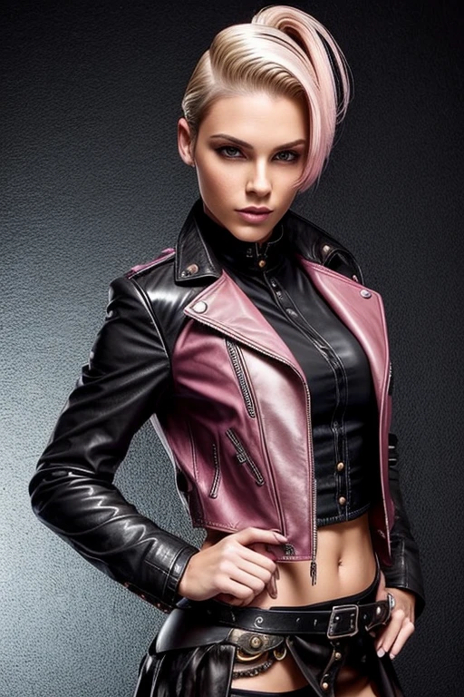 Gorgeous european steampunk woman with very short straight hair in a high ponytail, wet hair, hair slicked back, combed straight back, slick hair, blonde to pink gradient hair, wearing a leather jacket with nothing underneath and mini skirt, solid dark black background