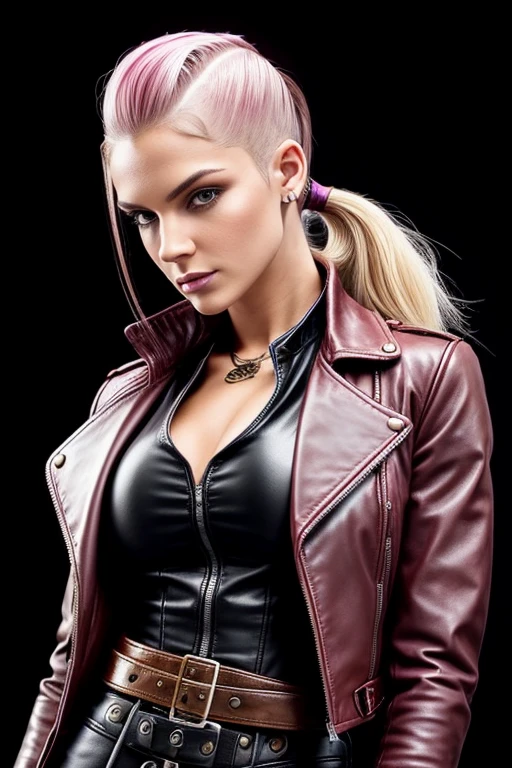 Gorgeous european steampunk woman with very short straight hair in a high ponytail, wet hair, hair slicked back, combed straight back, slick hair, blonde to pink gradient hair, wearing a leather jacket with nothing underneath and mini skirt, solid dark black background