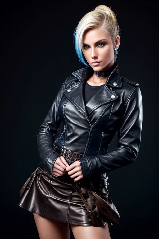 Gorgeous european steampunk woman with very short straight hair in a high ponytail, wet hair, hair slicked back, combed straight back, slick hair, blonde to blue gradient hair, wearing a leather jacket with nothing underneath and mini skirt, solid dark black background