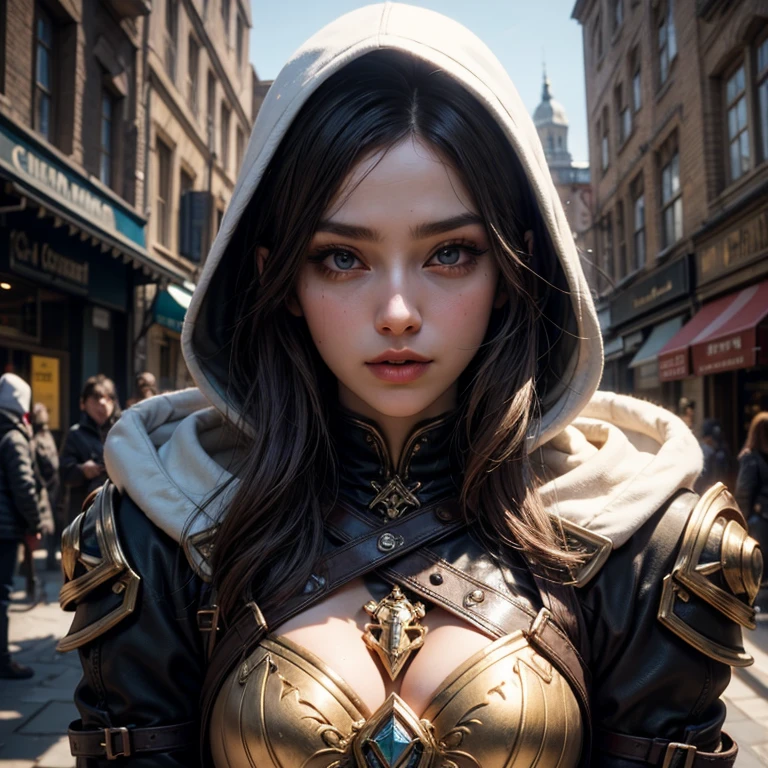 A full-body shot of depraved Princess Zelda, brown hair, blue eyes, dressed as an Assassin from Assassins Creed, in white+gold witha white mask and hood with gold details, XL bust, using a wrist blade. Background: A city during the renaissance period. Unreal Engine 5, Anime, Anime style, Masterpiece, Well drawn eyes, well drawn face, well detailed eyes, well detailed face, 8k, light and shadow effect.