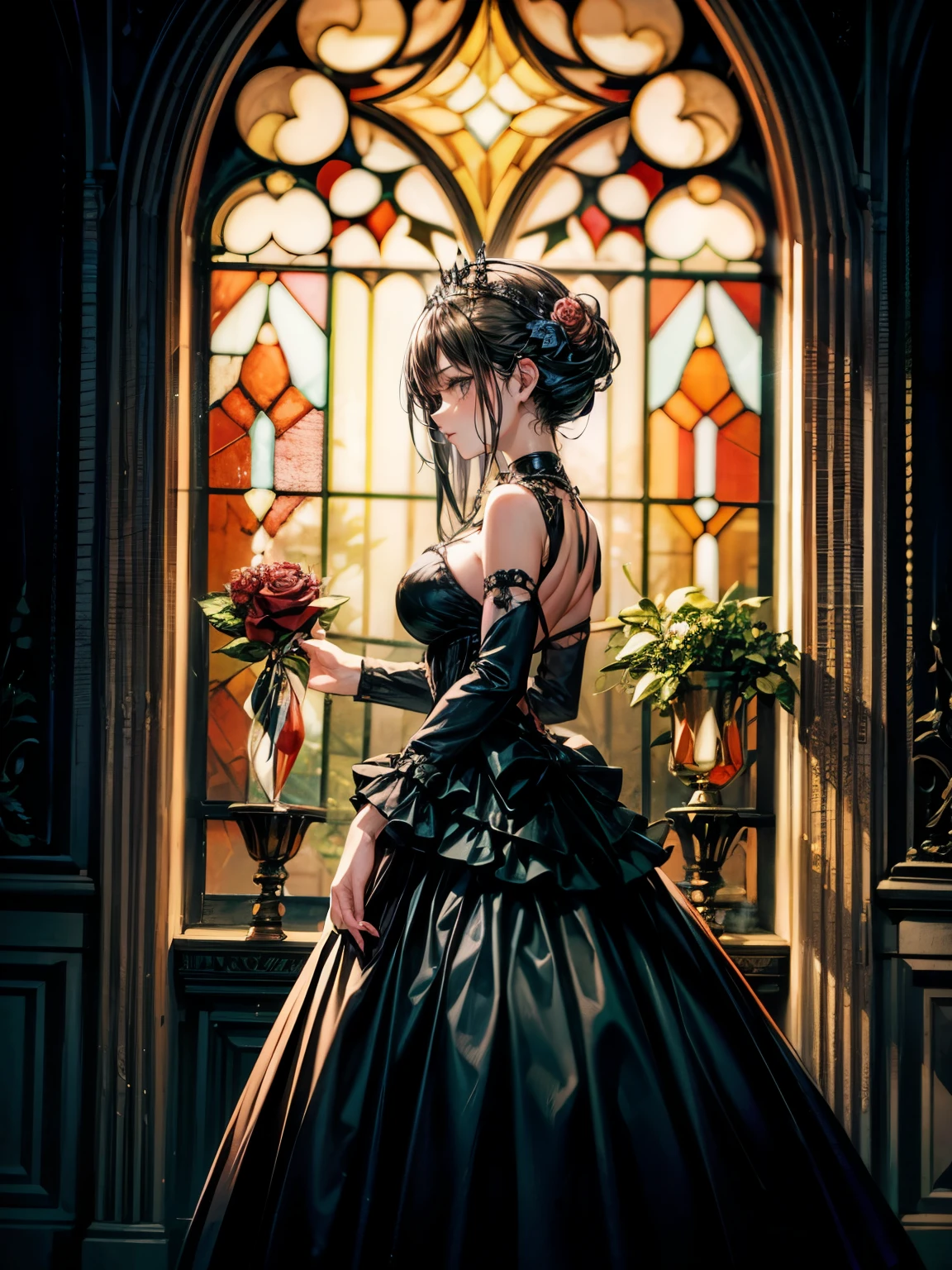 masterpiece,highest quality,Ultra high definition,Gothic woman in black dress holding a rose in front of a Gothic window, Gothic aesthetic, She is the Queen of the Black Roses, Gothic art style, an elegant Gothic princess, Gothic style, Gothic horror vibes, Gothic art, Gothic influence, Gothic maiden, Victorian Goth, victorian Gothic, dark and Gothic, Gothic, Gothic girl, wearing Gothic accessories