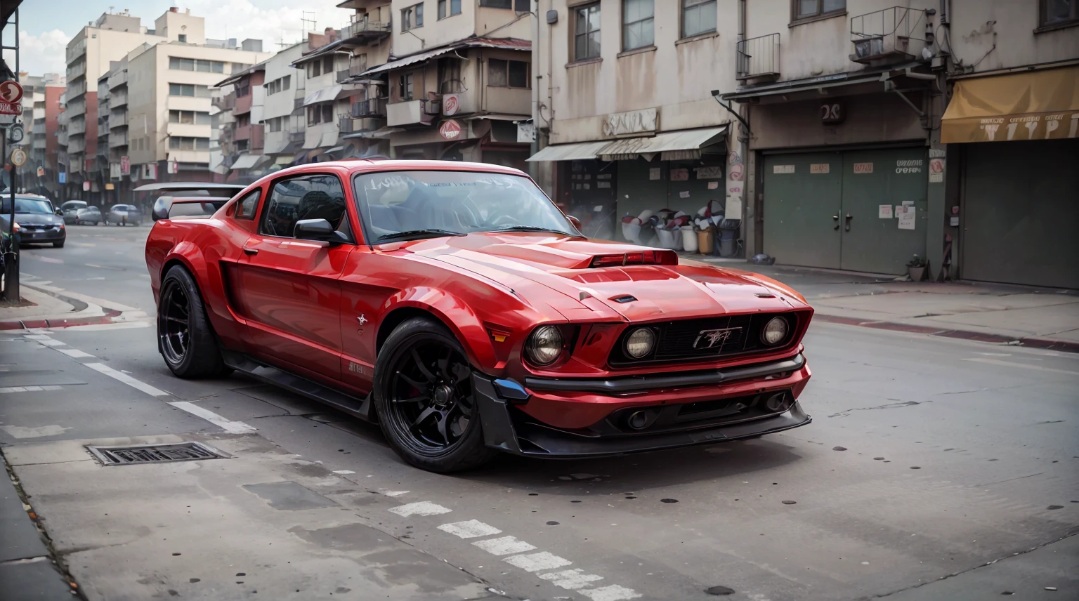 a close up shot of a red mustang parked on a city street in the style of fast and furious, cinematic, sharp focus, high detailed, high quality