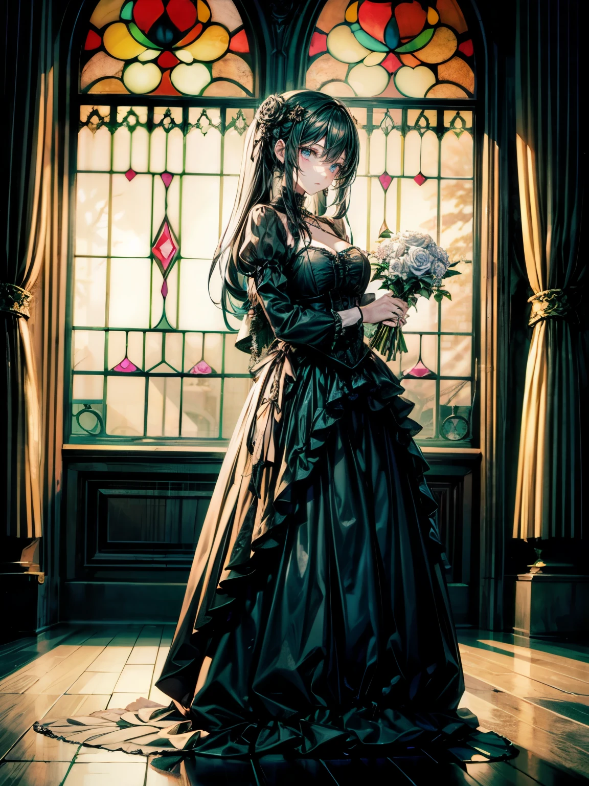 masterpiece,highest quality,Ultra high definition,Gothic woman in black dress holding a rose in front of a Gothic window, Gothic aesthetic, She is the Queen of the Black Roses, Gothic art style, an elegant Gothic princess, Gothic style, Gothic horror vibes, Gothic art, Gothic influence, Gothic maiden, Victorian Goth, victorian Gothic, dark and Gothic, Gothic, Gothic girl, wearing Gothic accessories