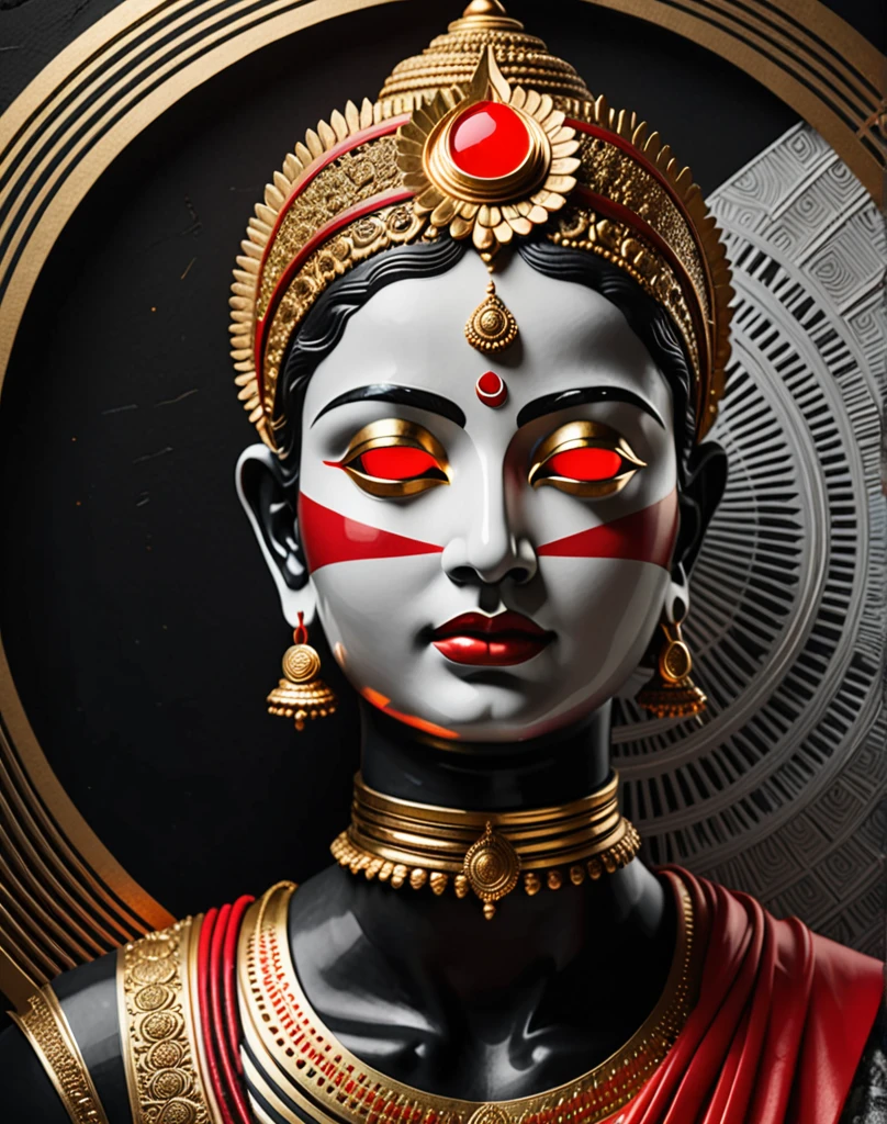 In the style of surreal collage, an India statue with gold an red glowing stripes covering its eyes against a black and white, dark background in a minimalistic, graphic design-inspired illustration with holographic colors, flat shapes and lines, a circular shape, smooth curves and a matte texture in a low angle shot with a symmetrical composition in an extremely detailed, hyperrealistic style with intricate details rendered in octane