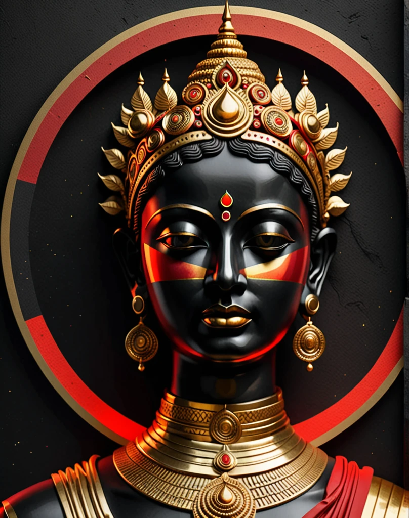 In the style of surreal collage, an India statue with gold an red glowing stripes covering its eyes against a black and white, dark background in a minimalistic, graphic design-inspired illustration with holographic colors, flat shapes and lines, a circular shape, smooth curves and a matte texture in a low angle shot with a symmetrical composition in an extremely detailed, hyperrealistic style with intricate details rendered in octane