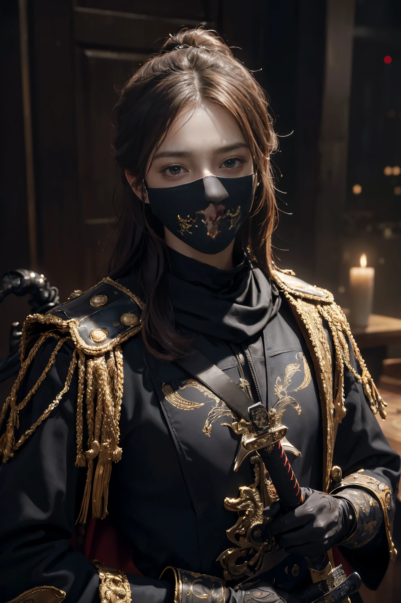 Photorealistic, ultra HD, graphics, best quality, realistic, CGI, 4k, masterpiece, best quality, hight resolution, very detailed, super detailed, 8k wallpaper, unified, amazing, fine detail, very detailed CG uniform 8k wallpaper, illustration, male, secret, mask, holding sword, (((eyes filled with murderous intent), masked,