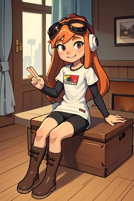 masterpiece, best quality, meggy, headphones, goggles on head, white shirt, layered sleeves, spandex shorts, brown boots, full body, looking at viewer, smile, sitting in living room playing video game