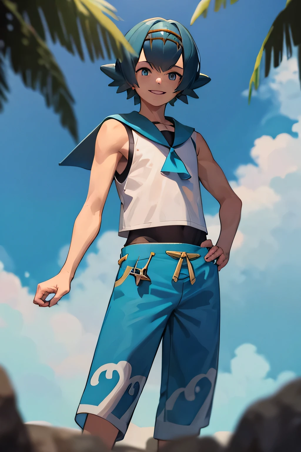 ((masterpiece, best quality)), absurdities,
Lana_Pokemon, sailor collar, sleeveless shirt, blue pants, 
alone, smiling, looking at viewer, cowboy shot, 
tropical background, cinematic composition, dynamic pose, male, full body, standing