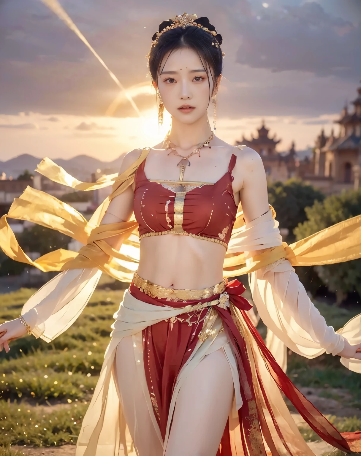 (8k, RAW photo, best quality, tmasterpiece:1.2), (realistic, photo-realistic:1.4), (Extremely detailed CG unity 8k wallpaper), （1 girl：1.5）,Beauty of the Western Regions，（Red clothes：1.4），There are red spots on the forehead，Pale skin，Blushlush，largeeyes，full bodyesbian，upper legs，Open navel，Gold-tone waist chain，golden ornaments，Flying ribbons，Particle，Ancient buildings are in the background，，dance, dunhuang_dress, dunhuang_style, large breasts, realistic proportions, good anatomy, (realistic, hyperrealistic:1.4), good eyes
