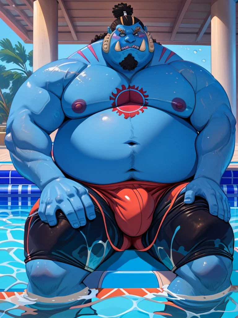 solo, 1boy, (Huge jinbei sitting in swimming pool, blue skin, underpants, bulge, partial submerged, hand rubbing belly) (fat, obese, huge belly, chubby) (topless, shirtless), pool background, masterpiece, high detailed, 8k, high resolution