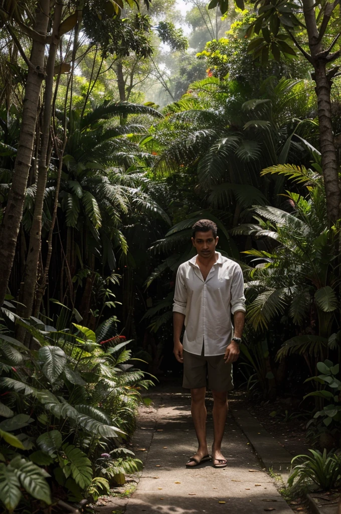 Un hombre, exhausto y empapado por la lluvia torrencial, busca desesperadamente un refugio en la espesa selva. Dim sunlight filters through the dense treetops, creating an atmosphere of shade and humidity. El hombre, con la ropa desgarrada y el rostro marcado por el cansancio, avanza con cautela entre la maleza enredada, buscando cualquier indicio de un lugar seco donde protegerse del clima inclemente.