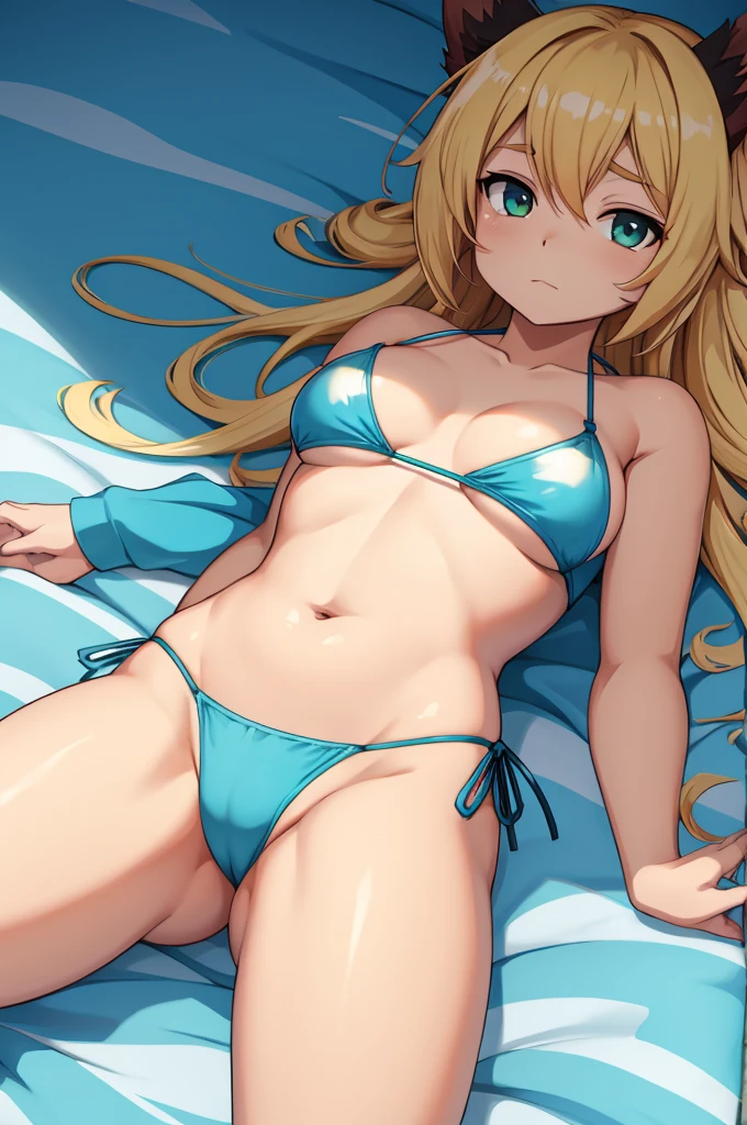 uma garota, anime, lying face down, in bikini, bunda grande, cabelo grade, loira, without expression, com as pernas levantadas.