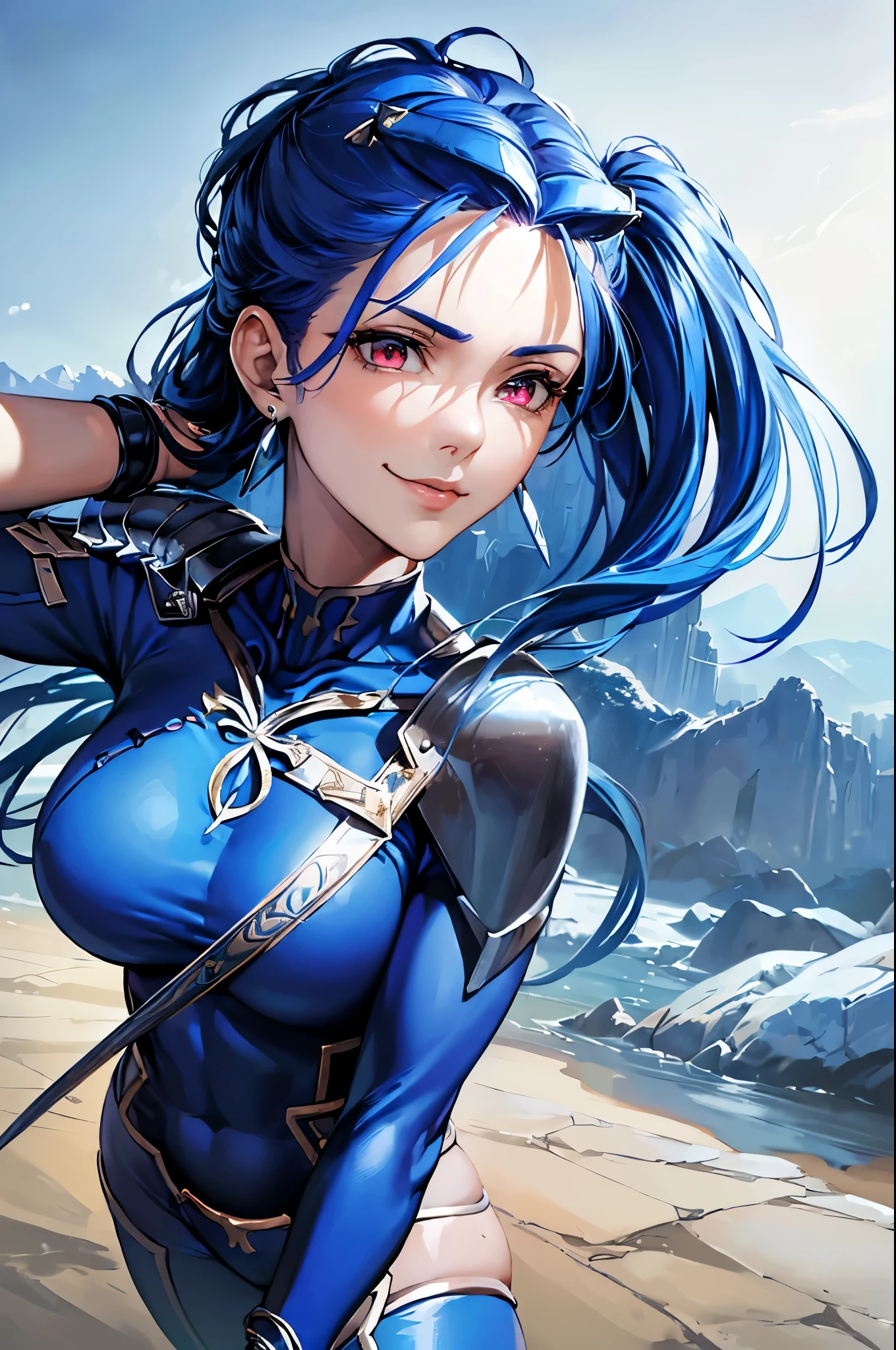 (masterpiece, best quality:1.2), expressive eyes, perfect face, highres, 1girl, solo, (female:1.5), cu chulainn - lancer (fate), blue hair, long hair, spiked hair, low ponytail, red eyes, (blue bodysuit:1.5), bracelet, earrings, jewelry, necklace, shoulder armor, landscape, smirk, standing, portrait, looking at the viewer