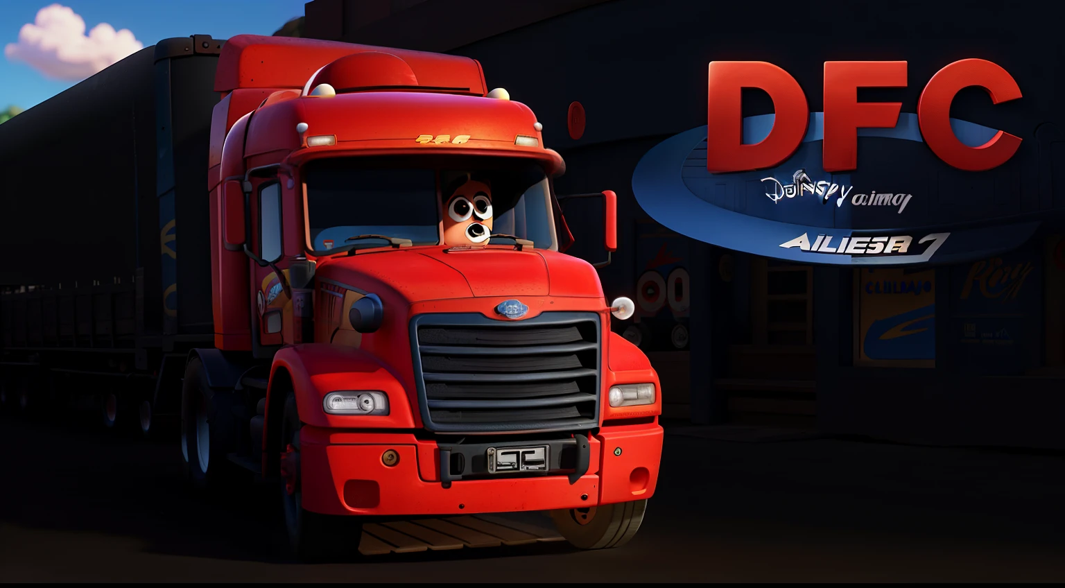 Poster no estilo Disney pixar, alta calidad, mejores calidades, tractocamion rojo