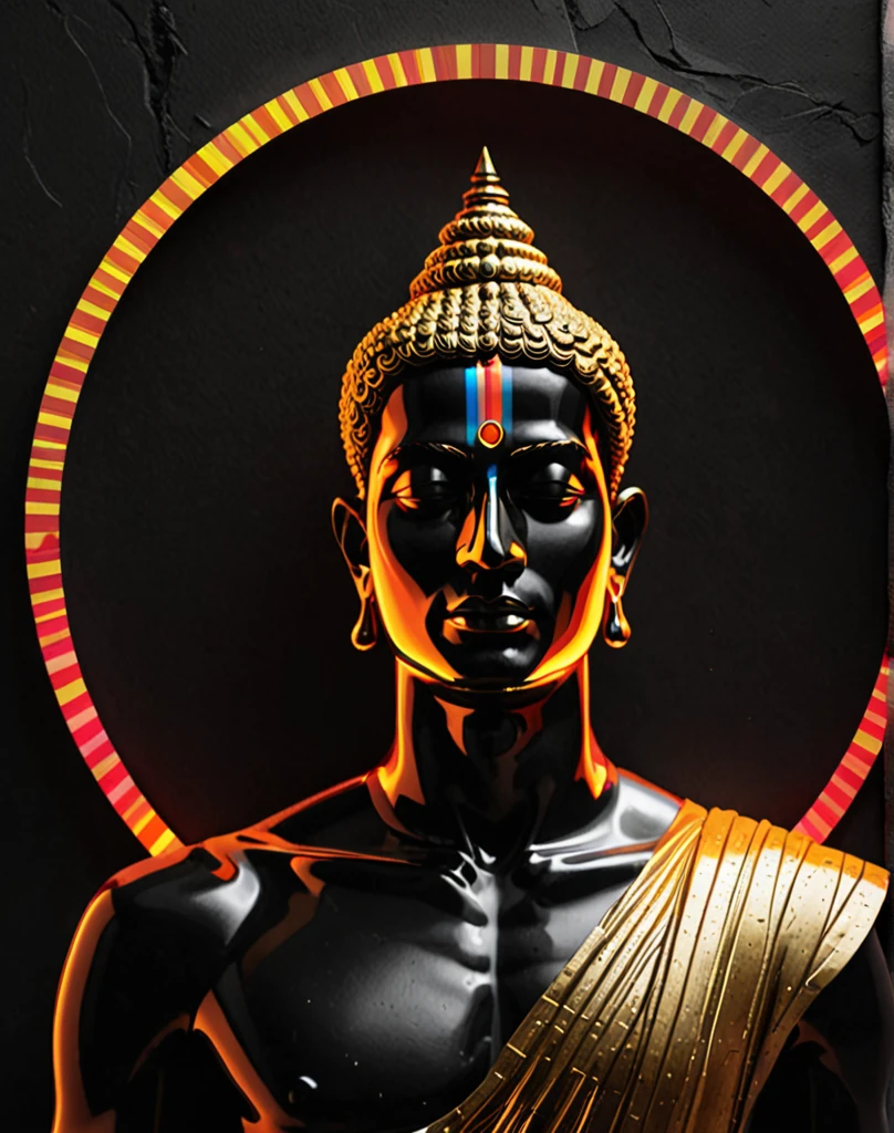 In the style of surreal collage, an India man statue with gold an red glowing stripes covering its eyes against a black and white, dark background in a minimalistic, graphic design-inspired illustration with holographic colors, flat shapes and lines, a circular shape, smooth curves and a matte texture in a low angle shot with a symmetrical composition in an extremely detailed, hyperrealistic style with intricate details rendered in octane
