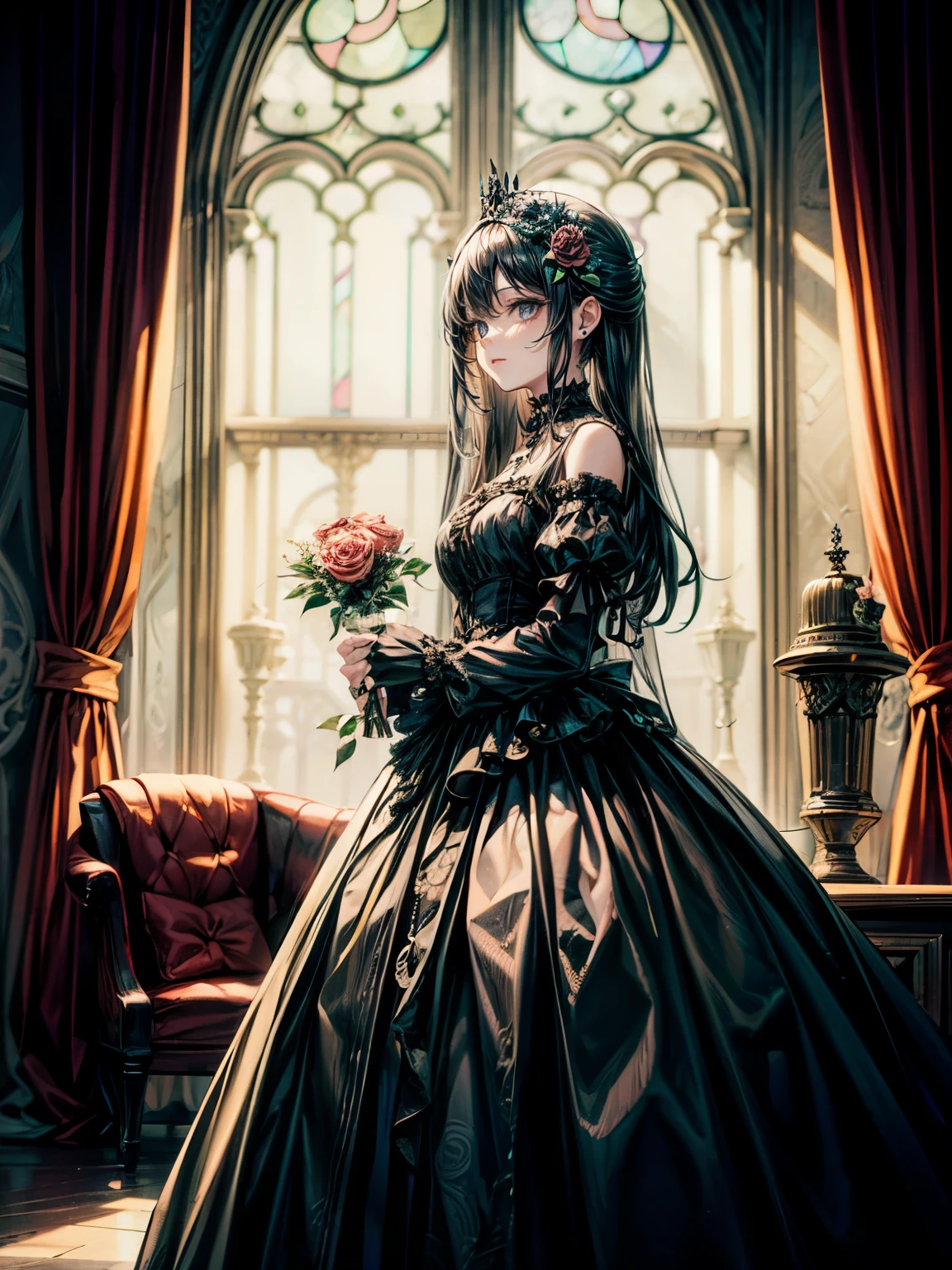 masterpiece,highest quality,Ultra high definition,Gothic woman in black dress holding a rose in front of a Gothic window, Gothic aesthetic, She is the Queen of the Black Roses, Gothic art style, an elegant Gothic princess, Gothic style, Gothic horror vibes, Gothic art, Gothic influence, Gothic maiden, Victorian Goth, victorian Gothic, dark and Gothic, Gothic, Gothic girl, wearing Gothic accessories