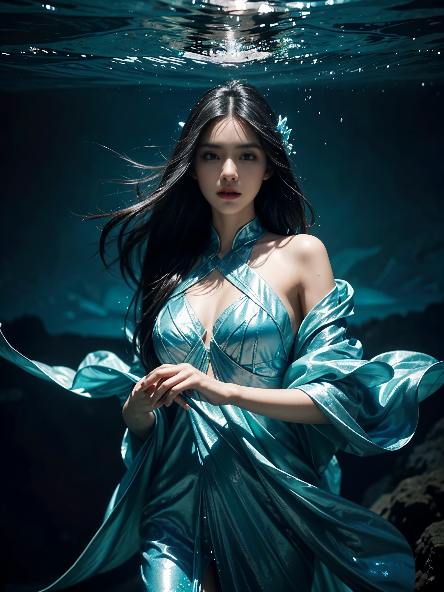 (masterpiece,top-quality,optimum,offcial art,Beautiful and beautiful,Long exposure:1.2),Smooth movement,Attractive pattern,one-girl,Adult women,Perfect skin,jade Eyes,Black leafy hair,sportrait,solo,The upper part of the body,Gaze at the observer,detailedbackground,Detailed face,(Crystal AI,crystalline theme:1.1),Elemental Water Elves,Swirl water,Water control,Fantasy magician costume,dynamicposes,Floating particles,Ether dynamics, Eau,steamy,Background sea,blue tint,shores,Fantastical Atmosphere,。Black hair。Full face。in the water
