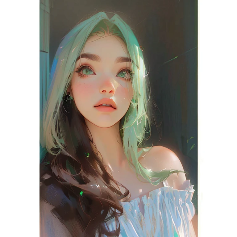 (Obra Prima, Melhor Qualidade, 4K, Realista), Litografia realista, um close de uma mulher com cabelos longos e uma peruca verde, Bela Delfina, long cabelo verde, cabelo verde, juba verde, rosto de menta brilhante, com longos cabelos turquesa, flowing green hair, ((tons de azul esverdeado)), tom verde claro rosto lindo, cabelo de duas cores, 18 anos de idade, cabelo preto verde longo e liso, cabelo ondulado verde