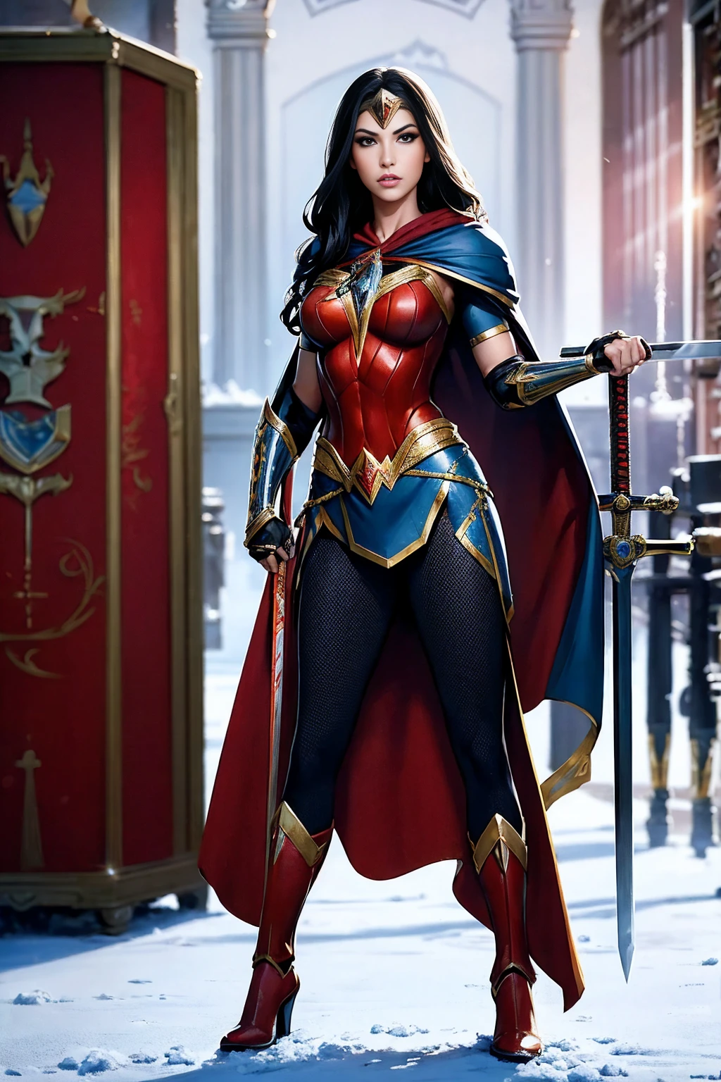 ((full body photo, standing)) masterpiece, best quality, 1girl, veronica, (((full body photo))) 1 girl, Wonder Woman, bracelet, black hair, blurred, armband, breathing, cape, cowboy shot, depth of field, restraint, gun restraint, lasso, looking at viewer , parted lips, pommel, realistic, reverse grip, shield, skirt, snow, neveing, alone, superhero, sword, tiara, toned, weapon, weapon behind back, ((work of art))
