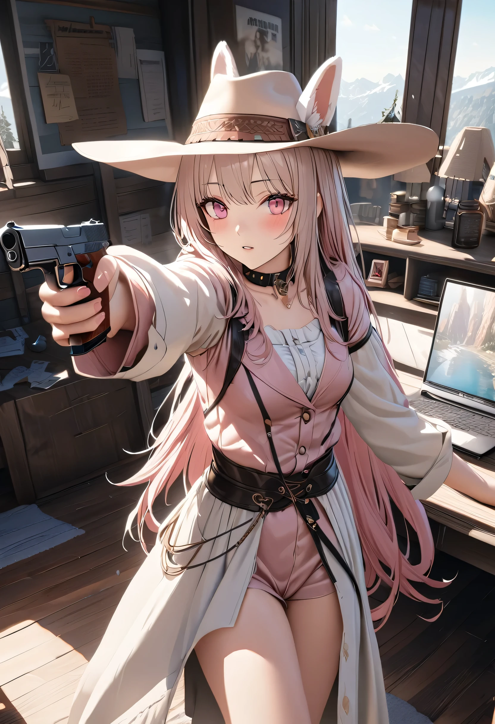 masterpiece,highest quality, Super detailed, High resolution, expensive resolution, HDR, 4k, 8K, unity 8k wallpaper, Super detailed CG, masterpiece, photo-realistic, 2D, 3D, beautiful details, depth, fine texture , super fine: 1.3, Fully focused, Crispy.skin, .he,
Very cute anime girl with 、Desolate wilderness、cowboy style costume、cowboy hat、cowboy boots、handgun、Mexican Wilderness、duel、Standing with a handgun、Pink semi-long hair wearing expensive , one girl、alone, Pink semi-long hair, animal ears, Bunny ears, cowboy style、cowboy hat、handgun、duel、cowboy boots、computer、disk、mole under the eye, looking at the viewer , expensive , blush, mole, Bunny ears, parted lips, hair ornaments, heart, pink eyes, choker