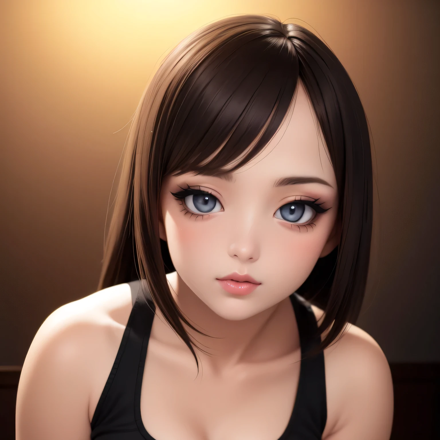 (best quality,4k,8k,highres,masterpiece:1.2),ultra-detailed,(realistic,photorealistic,photo-realistic:1.37),sultry,stunning woman,captivating gaze,flawless makeup,childhood best friend,glow up,black tank top,black short shorts,alluring figure,thick thighs,wide hips,provocative aura,portrait,beautiful detailed eyes,beautiful detailed lips,extremely detailed eyes and face,longeyelashes,medium:illustration,realistic painting,high fashion,professional,studio lighting,vivid colors,warm color tone,dimmed lighting