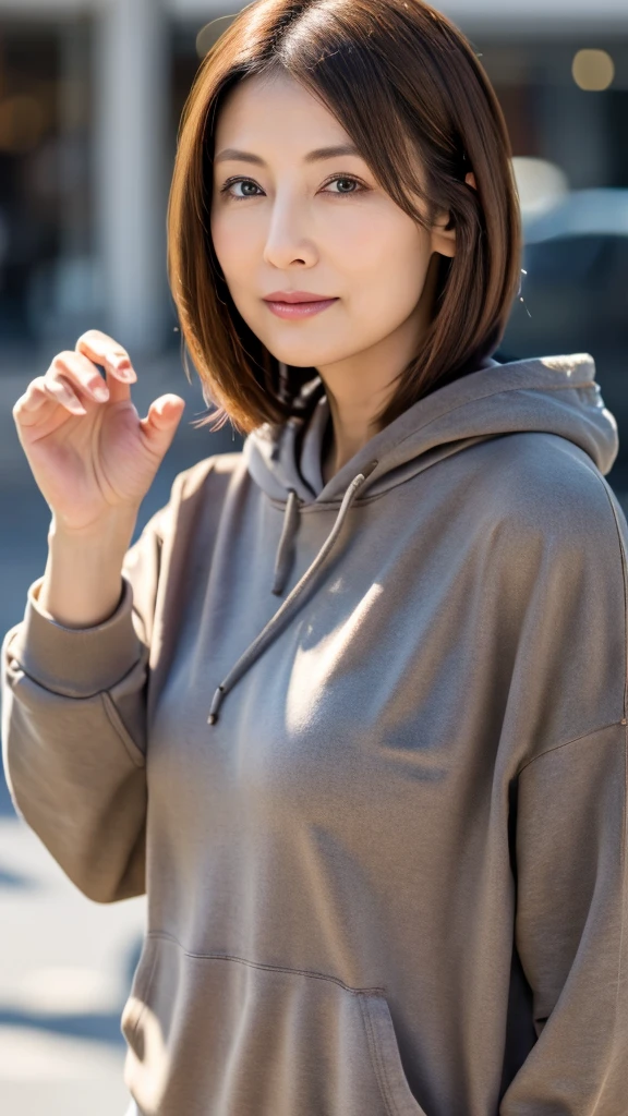 (highest quality,8k,masterpiece),Mature Japan Woman,sexy,40 years old,ash brown short hair,Spacious hoodie,One hand behind the head