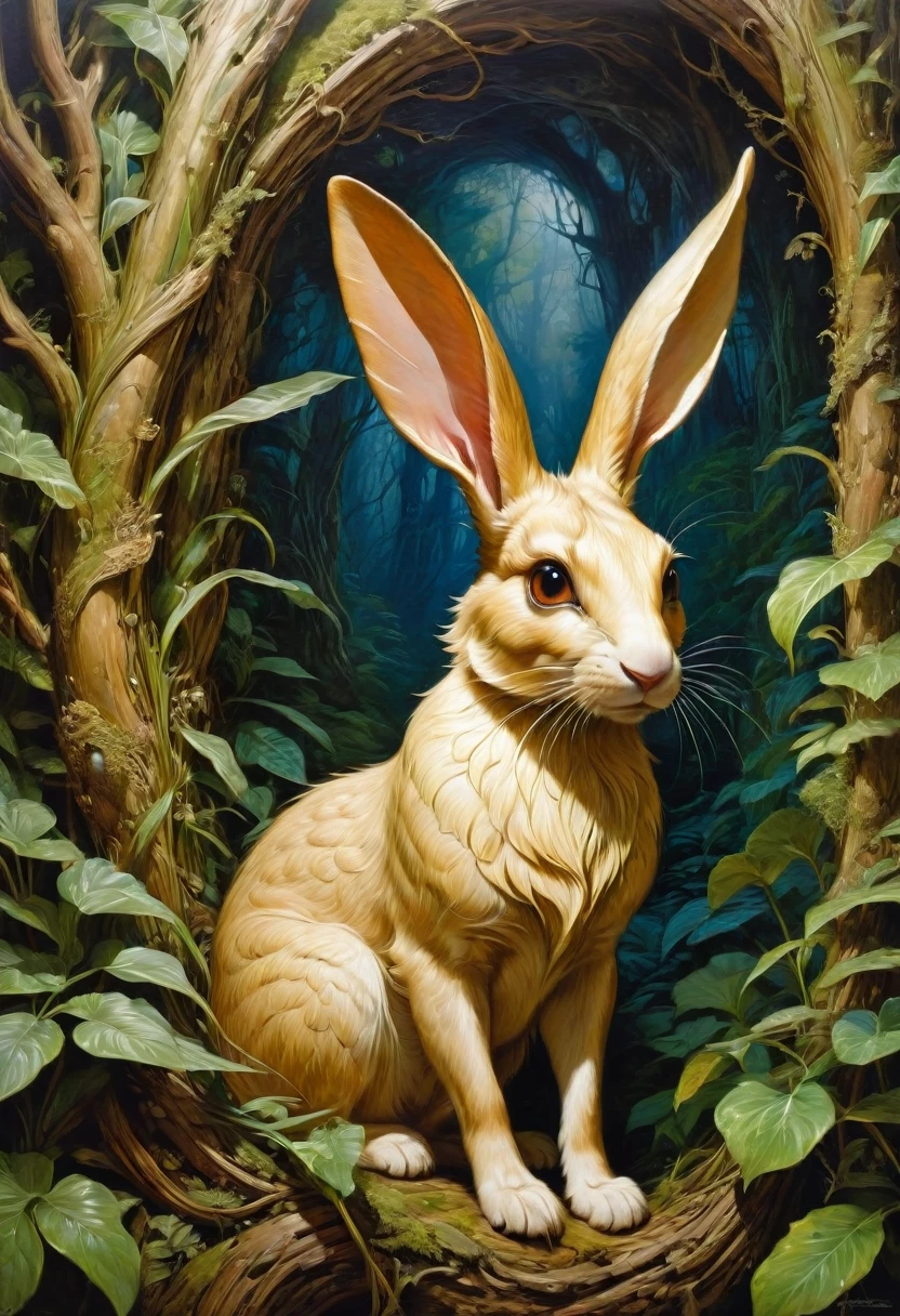 Rabbit Ears, by Sybil Andrews and Bob Eggleton, best quality, masterpiece, very aesthetic, perfect composition, intricate details, ultra-detailed