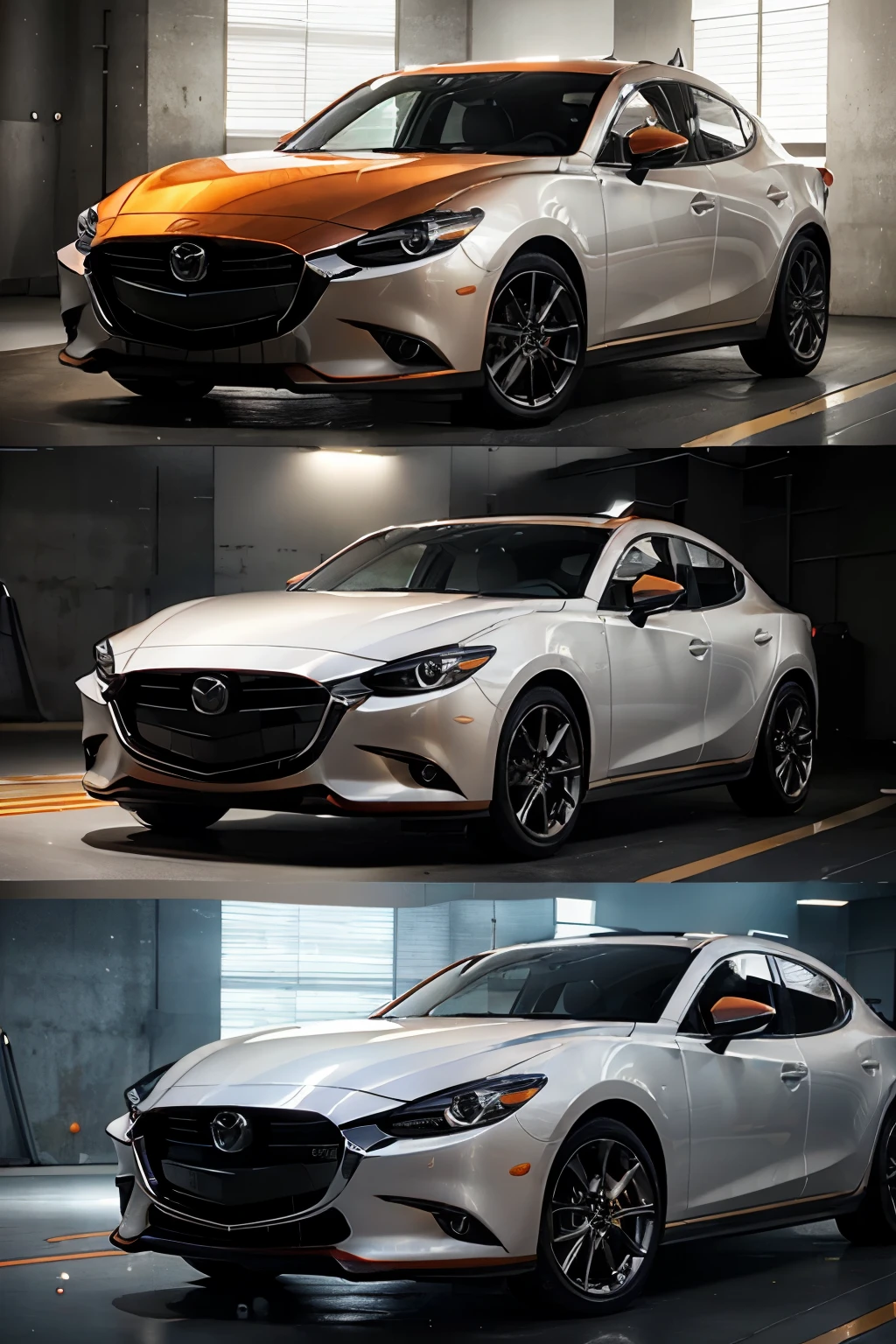 a detailed sports car, Mazda 3 2019, white pearl color, two orange sporty lines running from front to back, highly detailed, photorealistic, 8k, best quality, studio lighting, dynamic angle, sleek design, metallic sheen, glossy finish, intricate details, superb craftsmanship, striking appearance, powerful presence, dynamic composition, dramatic lighting, cinematic mood