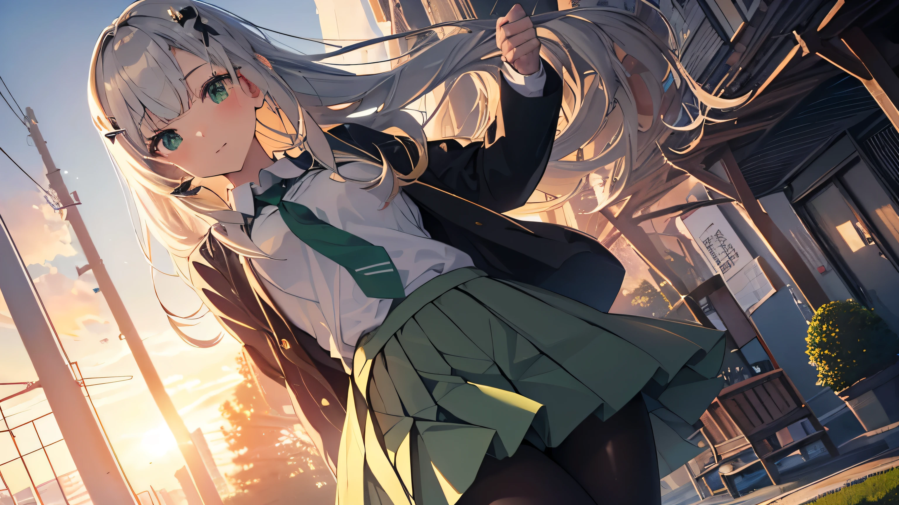 In 8K, highest quality, The real picture, Intricate details, Ultra-detailed, 超A high resolution, Depth Field,(Photorealistic,Realistic:1.2),masterpiece, 0.25 :: Close-up , Front shot , From the center , Five Girls, AI_Chan, Very beautiful 17 year old girl, Innocent big eyes, dishevled hair,(髪 clips), Perfect glowing skin, Perfect Skin, fair white skin, Light blush, Looking at the audience, Light Smile, Five perfect fingers, Beautiful Hands、wear((School_uniform)、(white_skirt)、(green_length_tie)、(green_Pleats_skirt)、(black_pantyhose:1.2)、 (Sculptural installation:1.1)、 Sunset High School in Japan ,