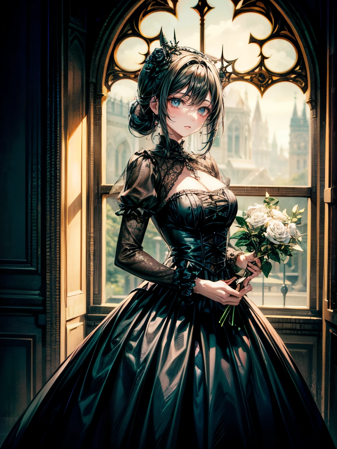 masterpiece,highest quality,Ultra high definition,Gothic woman in black dress holding a rose in front of a Gothic window, Gothic aesthetic, She is the Queen of the Black Roses, Gothic art style, an elegant Gothic princess, Gothic style, Gothic horror vibes, Gothic art, Gothic influence, Gothic maiden, Victorian Goth, victorian Gothic, dark and Gothic, Gothic, Gothic girl, wearing Gothic accessories