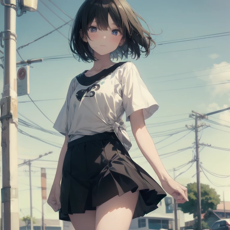 1 girl, shjort black hair, blue eyes, wearing plain white shirt, short skirt, city, high res, ultrasharp, 8k, masterpiece, looking at viewer
