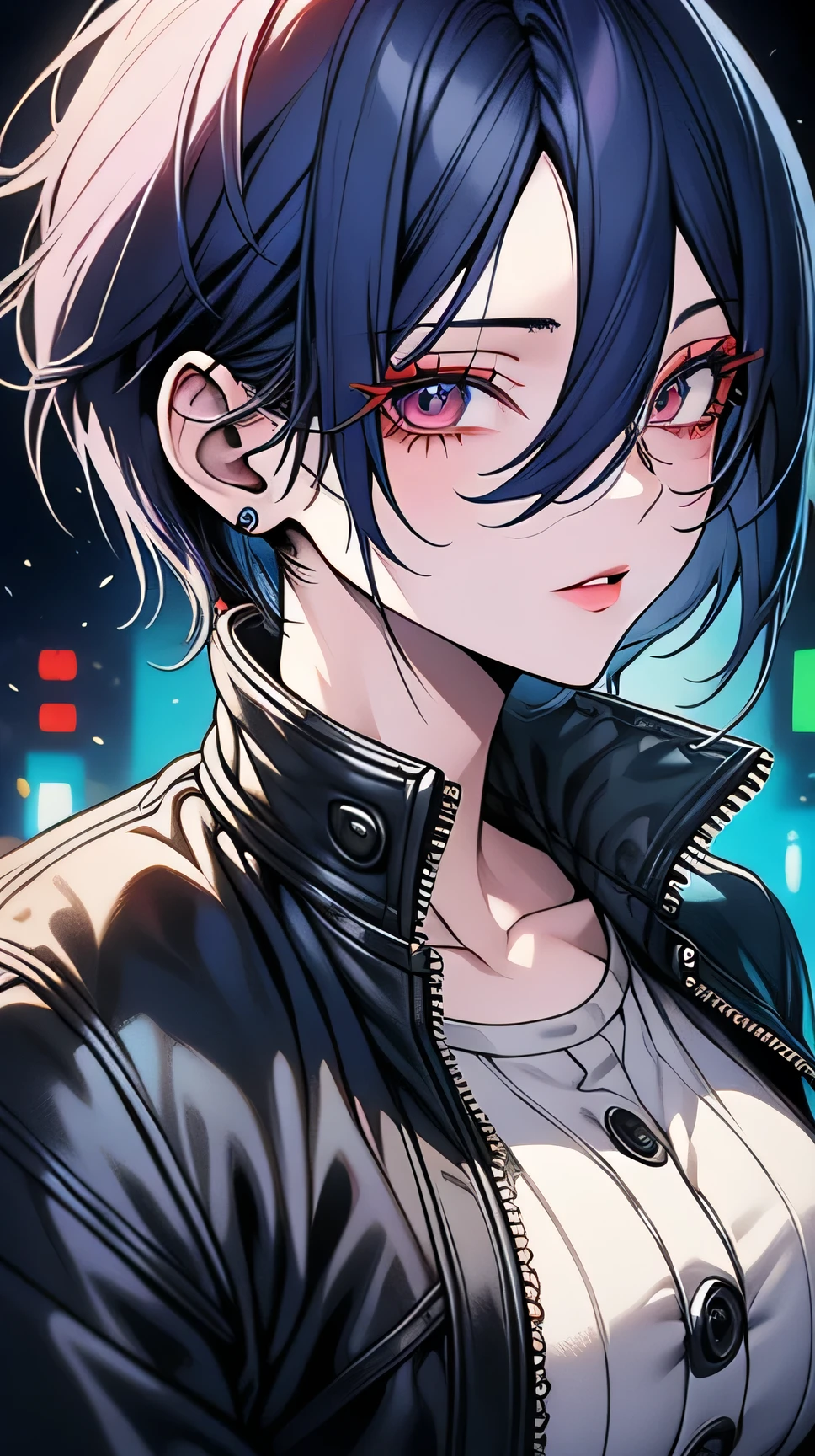 Obra-prima,Detalhado,High resolutions:1.4) , Foto del modelo, fechar, Rosto detalhado, Olhos finos e detalhados,, (Kirishima Touka),medium blue hair,ojo ghoul,retro jacket,Tokyo Ghoul,Fundo retrofuturista, cores vibrantes, hdr,, ,
