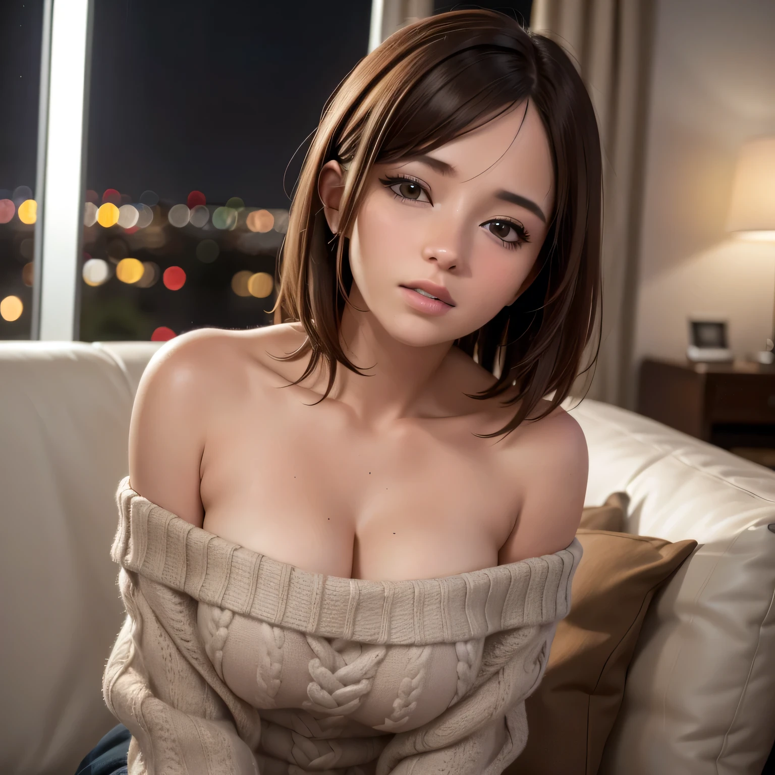 (best quality,4k,8k,highres,masterpiece:1.2),ultra-detailed,(realistic,photorealistic,photo-realistic:1.37),amazing portrait,sexy,cute woman,best friend's sister,alone at home,late night gaming session,brown hair,short bob style soft eyes,parted lips,deep blush,off shoulder,oversized grey sweater,sitting on couch,night time,raining outside,warm inside