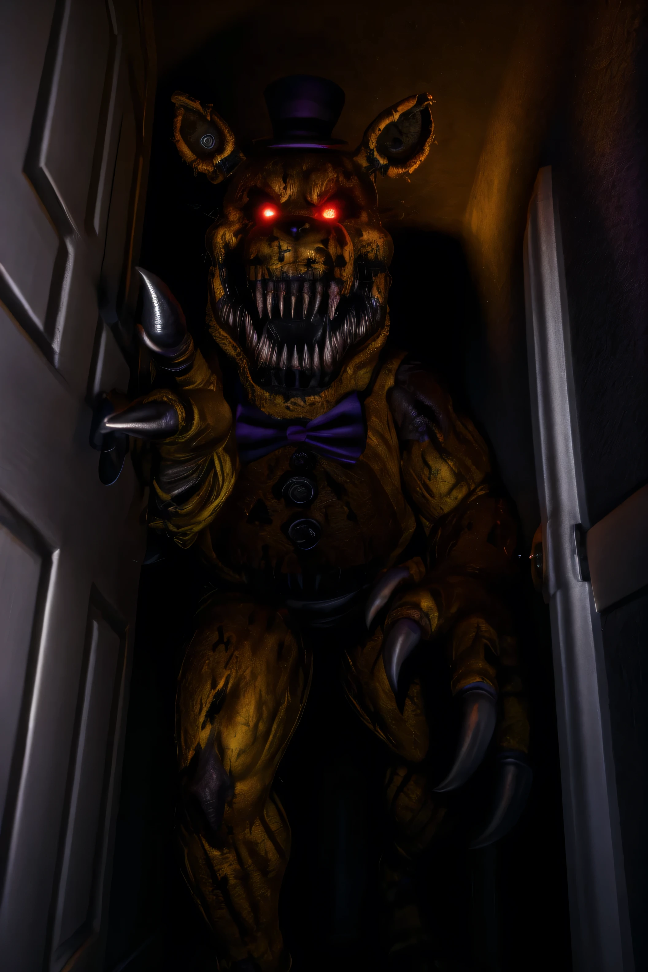 (nightmare), yellow hat, yellow bowtie, black skin, wide jawline, extra mouth, sharp teeth, 4k, hi res, 8k, detailed eyes, 8k eyes, eyes focus, red eyes, ((glowing eyes)), aggressive Red lens flare, bedroom, dresser, lamp, top, no lights, (((pitch black dark room))), flashlight in face pov, (reaching out at viewer), (creeping through door) hand, Masterpiece, ultra detailed, realistic, detailed, full view, nightmare