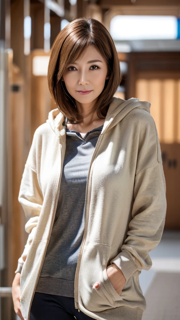 (highest quality,8k,masterpiece),Mature Japan Woman,sexy,40 years old,ash brown short hair,A loose white hoodie