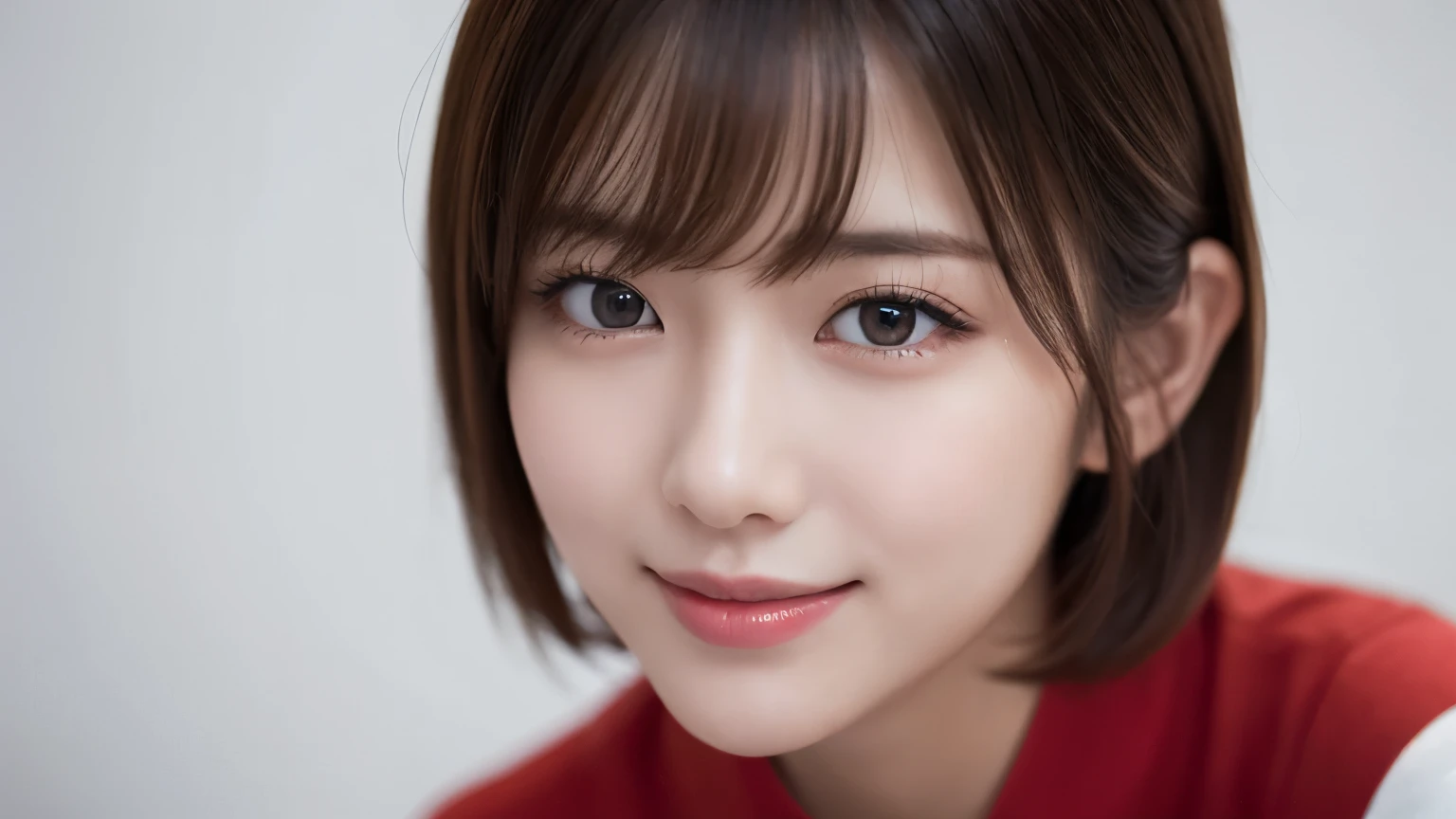 One Girl, (Wear trendy fashion:1.2), (RAW Photos, highest quality), (Realistic, Realistic:1.4), Tabletop, Very delicate and beautiful, Very detailed, 2k wallpaper, wonderful, In detail, Very detailedな CG Unity 8K 壁紙, Very detailedな, High resolution, Soft Light, Beautiful detailed girl, Looking into the camera、Very detailedな目と顔, Beautiful and sophisticated nose, Beautiful details, Short Hair, small, Red clothes、White Background、Background is white、Cinema Lighting, Perfect Anatomy, Slender body, smile,