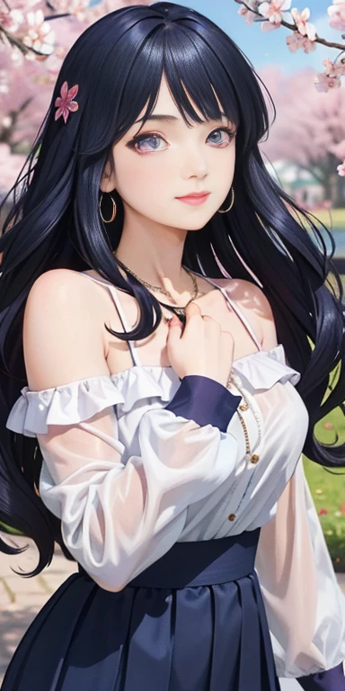 She is very beautiful、I have a perfect medium sized chest, ((long dark blue wavy hair, Hair on one eye)) Purple eyes (Detailed Background), Detailed landscape, One girl, alone, View Viewer, smile, skirt, shirt, Neckline, Exposing shoulders, jewelry, clavicle, white shirt, Outdoor, necklace, Off the shoulder, bracelet, (masterpiece), (highest quality), (Super detailed), (Very detailed), (Detailed face) ) petal, cherry blossoms, She is in a dynamic pose that exudes passion.,Long dark blue hair, Blunt bangs, Purple eyes