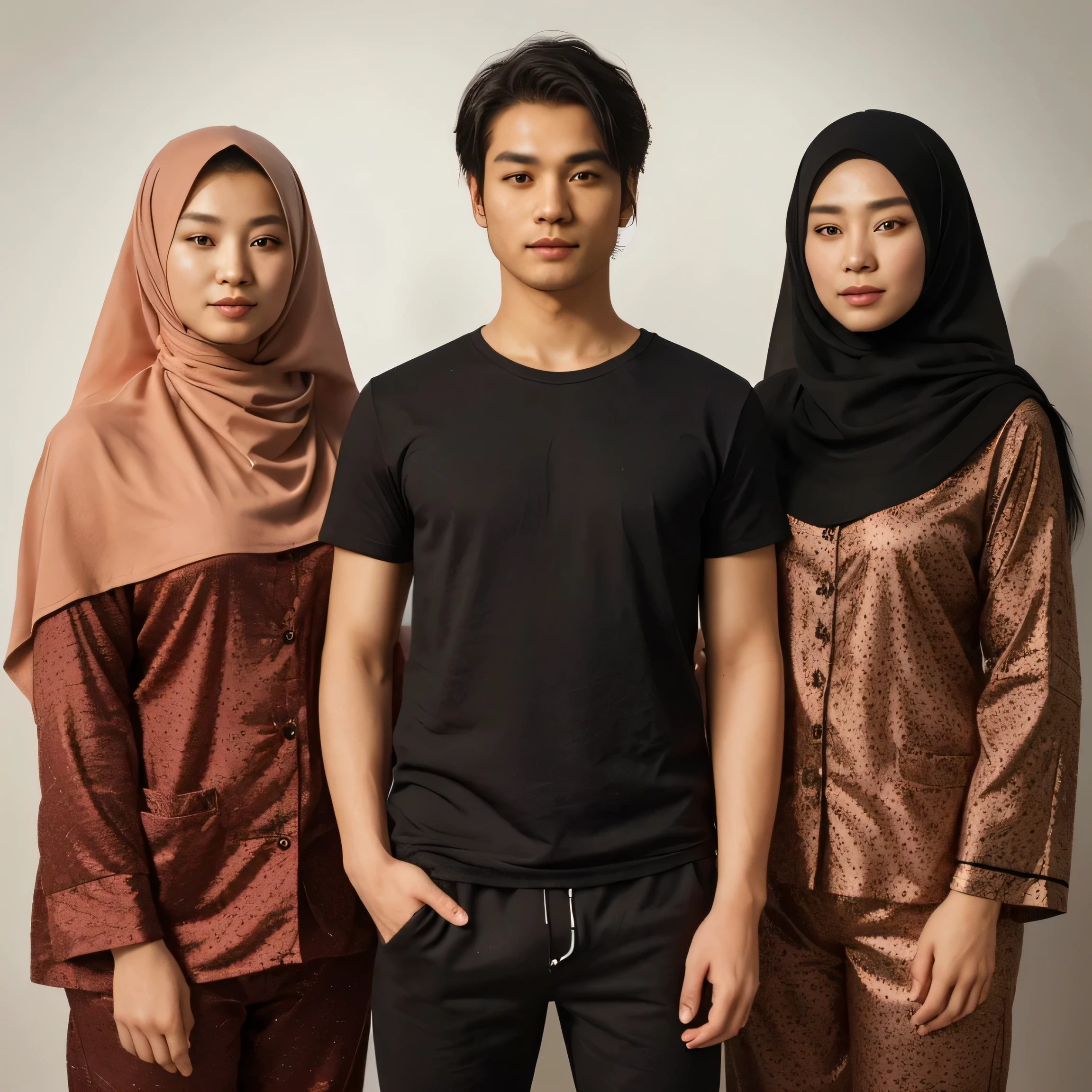 two japanese women wearing hijabs wearing pijama are standing side by side with a man with black tshirt, full body shot, masterpiece, very realistic, high resolution, real person, 4k, HD