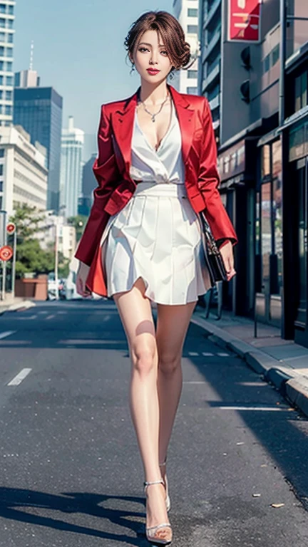 ((highest quality、Ultra-high resolution、masterpiece、8K))、Delicate face、Detailed eyes and face、double eyelid、Red lipature adult woman、bewitching and sexy woman、Obscene、Erotic、Dark brown updo、((blazer、White long skirt))、silk pantyhose、High heels、Sharp long legs、Cleavage、Cityscape, She is standing on a street lined with skyscrapers. (Full Body Portrait)、smile、Dynamic lighting
