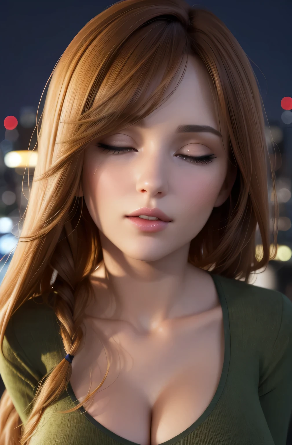 (best quality,4k,8k,highres,masterpiece:1.2),ultra-detailed,(realistic,photorealistic,photo-realistic:1.37),portrait,night scene,skyscraper,modern apartment,city view,sexy woman,green shirt,long sleeves,cleavage,collarbone,glasses,brown hair,purple eyes,single braid,yellow hair ornament,young female,beautiful fingers,long legs,beautiful body,beautiful nose,character design,perfect eyes,perfect face,expressive eyes,looking at viewer,center of the image,upper body,focusing on her face,large breasts,narrow waist,city night time,amazing,evening,fantasy,neon lights,dramatic shadows,vibrant colors,reflections,ambient lighting,moody atmosphere.