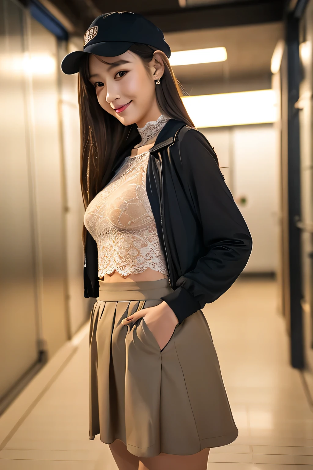 one person,female brown hair,Extra long straight hair,There is a collar around the neck,Brown eyes,Exposed buttocks,Mole in groin,Black transparent lace suspender high waist socks,Misty eyes,earrings,jewelry necklace,25-year-old Korean cute and sexy beauty,seductive smile toothy,Drooping Super Hao Da,Open navel,Lace sheer backless instructor jacket and skirt,Wearing instructor hat,Holding a baton in one hand,Pull down the zipper with one hand,Slim waist,shy blush,Show your belly,night,In the school hallway,patrol