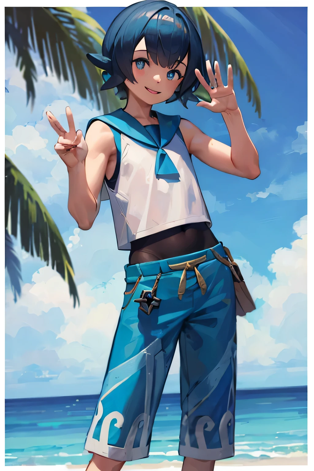 ((masterpiece, best quality)), absurdities,
Lana_Pokemon, sailor collar, sleeveless shirt, blue pants, 
alone, smiling, looking at viewer, cowboy shot, 
tropical background, cinematic composition, dynamic pose, male, full body, standing, greeting pose